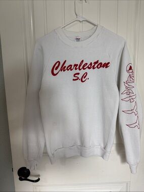 Charleston S.C. White Crewneck Sweatshirt with Red Script